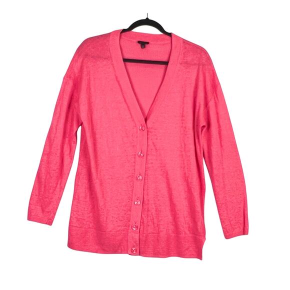 EUC Talbots M 100% Linen Knit Longline Cardigan Button Lightweight Coral Pink - Picture 1 of 9